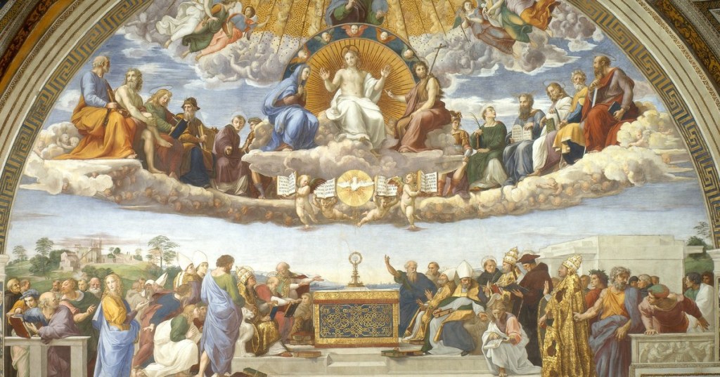 Raphael's fresco Disputation of the Holy Sacrament, 1509–1510: Christ enthroned in glory with Mary, John the Baptist and the saints above, and below, popes, bishops and Doctors of the Church gathered around the Eucharist on an altar
