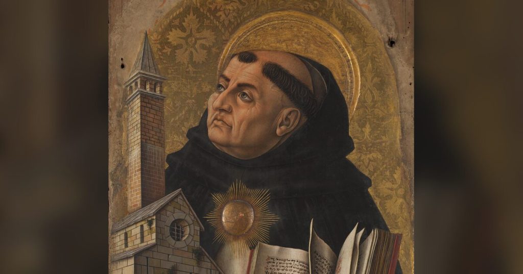 Icon of St. Thomas Aquinas by Carlo Crivelli, 1476, showing the saint in a Dominican habit with a halo, holding a book and a model church