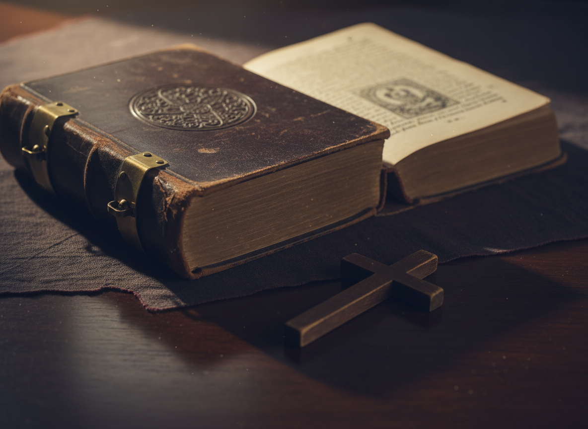 Open antique bound book resting on a dark wooden table beside a simple cross, warm candlelight