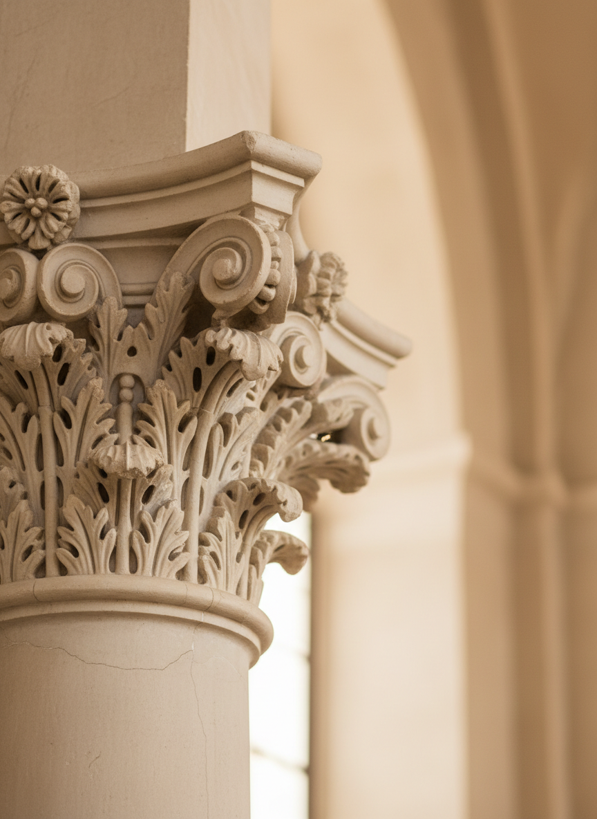 Close detail of classical Roman church architecture, carved ivory stone column capital with soft natural light