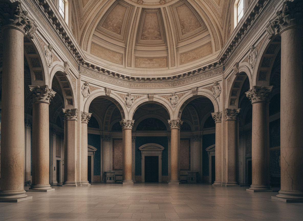 Elegant architectural interior of a classical Catholic basilica, soft diffused light, warm ivory stone columns and arches