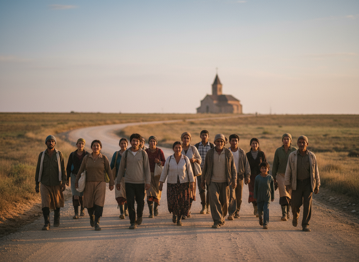 A thoughtful, documentary-style photograph evoking Catholic social teaching on immigration: people of diverse backgrounds walking together on a road at dawn, a distant church silhouette in soft focus